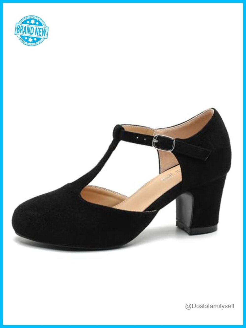 Women's T-Strap Mary Jane Pumps Block Heel Round Toe Buckle Closure